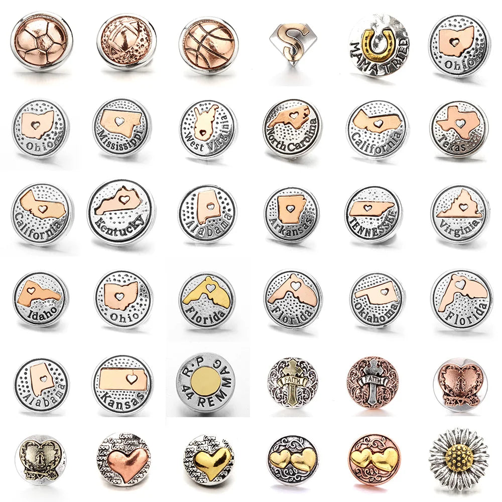 A collection of 18mm metal snap buttons featuring various designs including hearts, stars, and floral patterns.