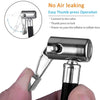 A hand holds a silver locking air chuck with a flexible hose, demonstrating its thumb-press operation for inflating tires.