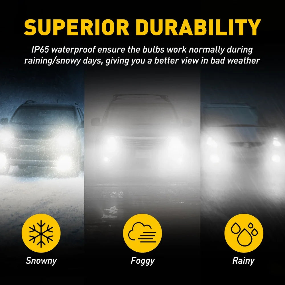 Image showing LED fog light bulbs demonstrating superior durability against snowy, foggy, and rainy weather conditions.