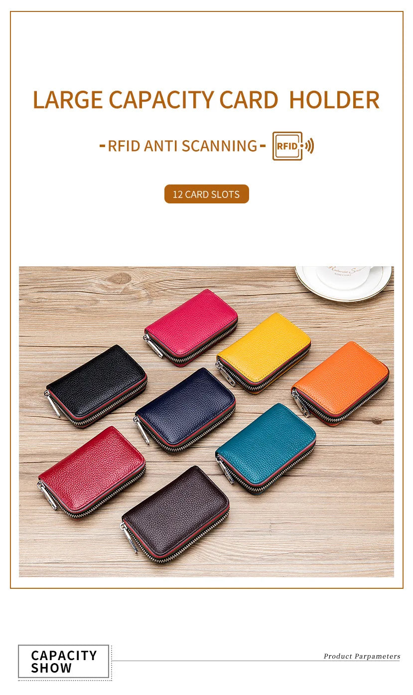 A collection of twelve genuine leather card holders in various colors, including red, black, yellow, and green, displayed on 