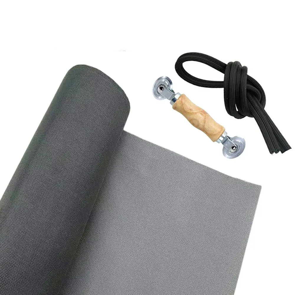 DIY insect screen mesh kit with a rolling tool and spline, shown next to a rolled gray fabric.