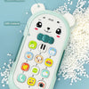 A light green teether phone toy shaped like a bear, made of ABS material, with buttons and a screen.