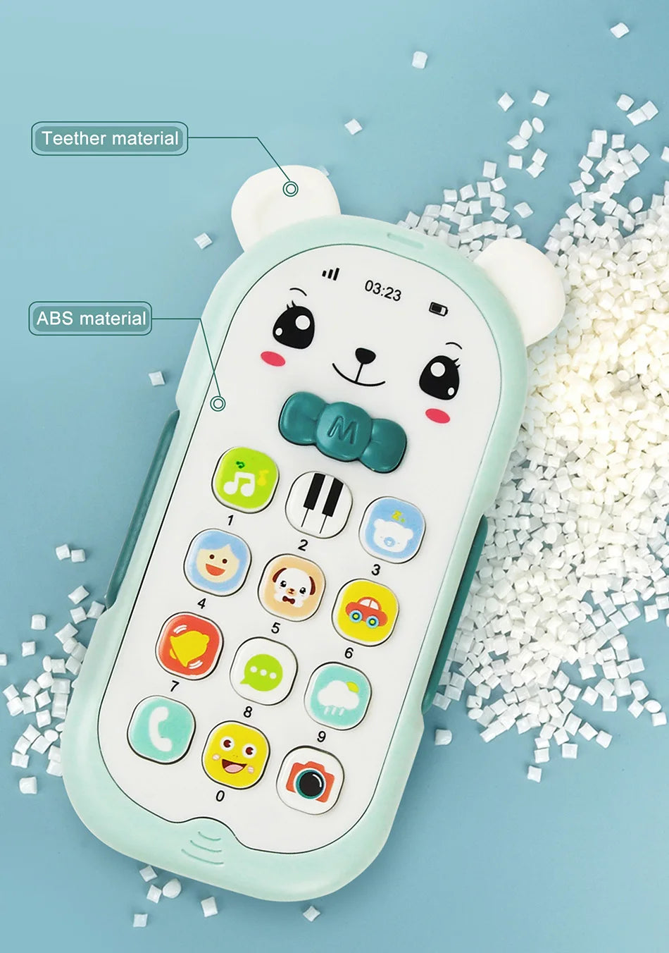 A light green teether phone toy shaped like a bear, made of ABS material, with buttons and a screen.