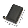 Black genuine leather RFID-blocking card holder wallet shown from above with dimensions.