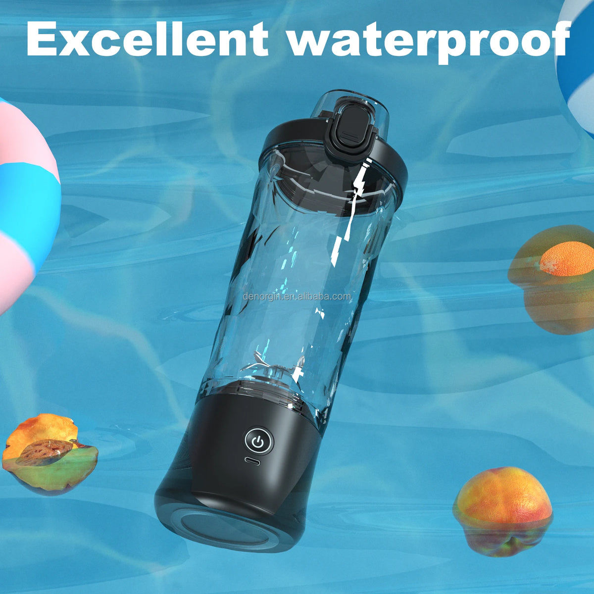 A clear portable blender bottle with a black cap and base is shown against a blue background.