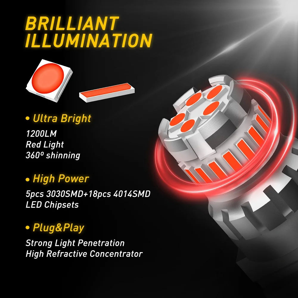 Red LED Brake Light Bulbs with Strobe Function – 1200 Lumens, Plug-and-Play