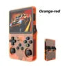 Orange-red R36S retro handheld game console with controller and main unit.