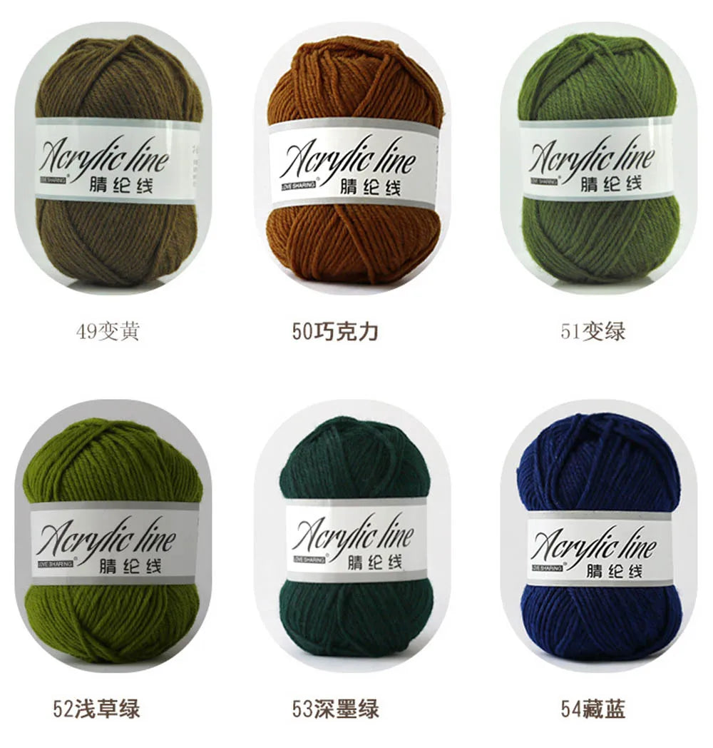 A collection of five balls of acrylic line yarn in various colors and weights, labeled with their corresponding numbers.