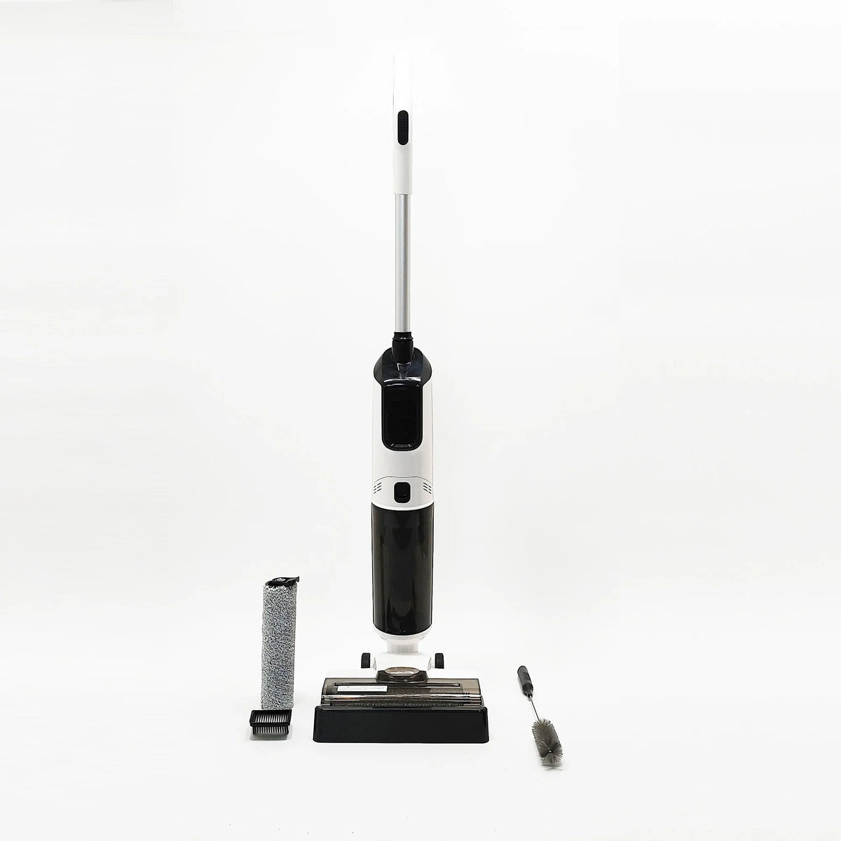 A cordless wet and dry floor cleaner with a long wand and cleaning head is shown against a white background.