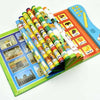 An Arabic interactive e-book learning toy featuring colorful books and a blue electronic device.
