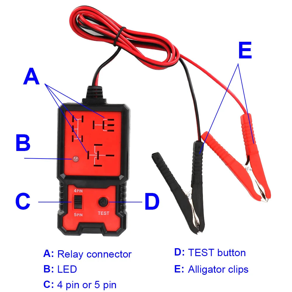 A relay tester device showing connectors, LEDs, and alligator clips for testing relays.