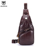A dark brown men's genuine leather chest bag with a laptop compartment and leather strap.