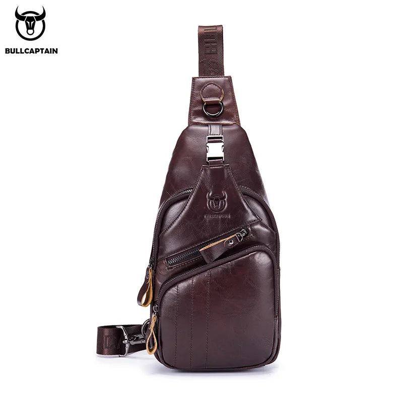 A dark brown men's genuine leather chest bag with a laptop compartment and leather strap.