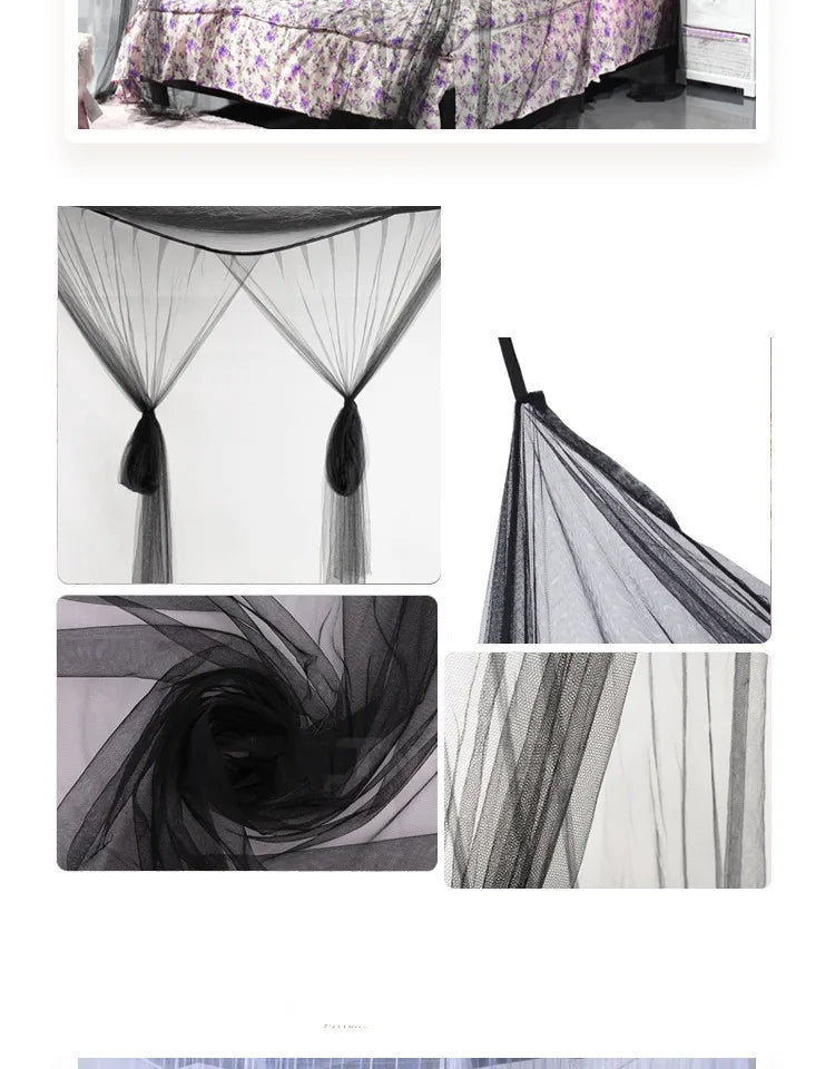 A collection of textile art featuring mosquito net canopy designs and abstract fabric textures.