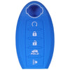 Blue silicone key fob cover with icons for unlock, lock, and hold functions