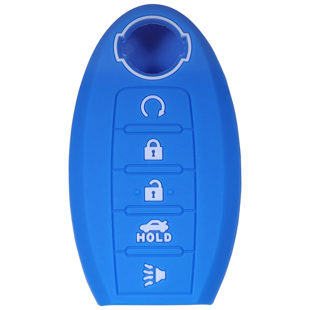 Blue silicone key fob cover with icons for unlock, lock, and hold functions