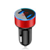 A red and black dual USB fast car charger with a digital display on top.