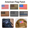 A collection of embroidered American flag patches in various designs and colors for clothing.