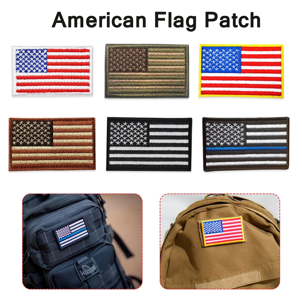 A collection of embroidered American flag patches in various designs and colors for clothing.