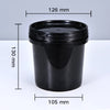 A black plastic storage bucket with a tamper-evident lid, shown from above and displaying its dimensions.