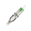 A professional tattoo cartridge needle with a long taper tip and green cap.