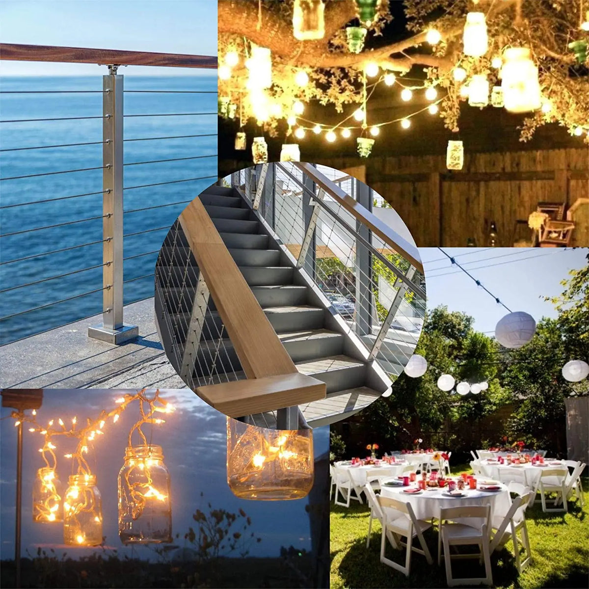 A close-up view of a modern outdoor railing system featuring marine-grade stainless steel cable and wood accents.
