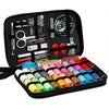 A black storage bag containing a complete sewing kit with various tools and 24 thread colors.