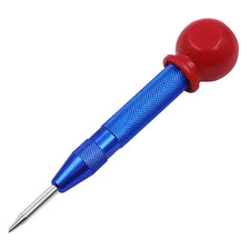 A spring-loaded automatic center punch tool with a blue handle and red striking head.