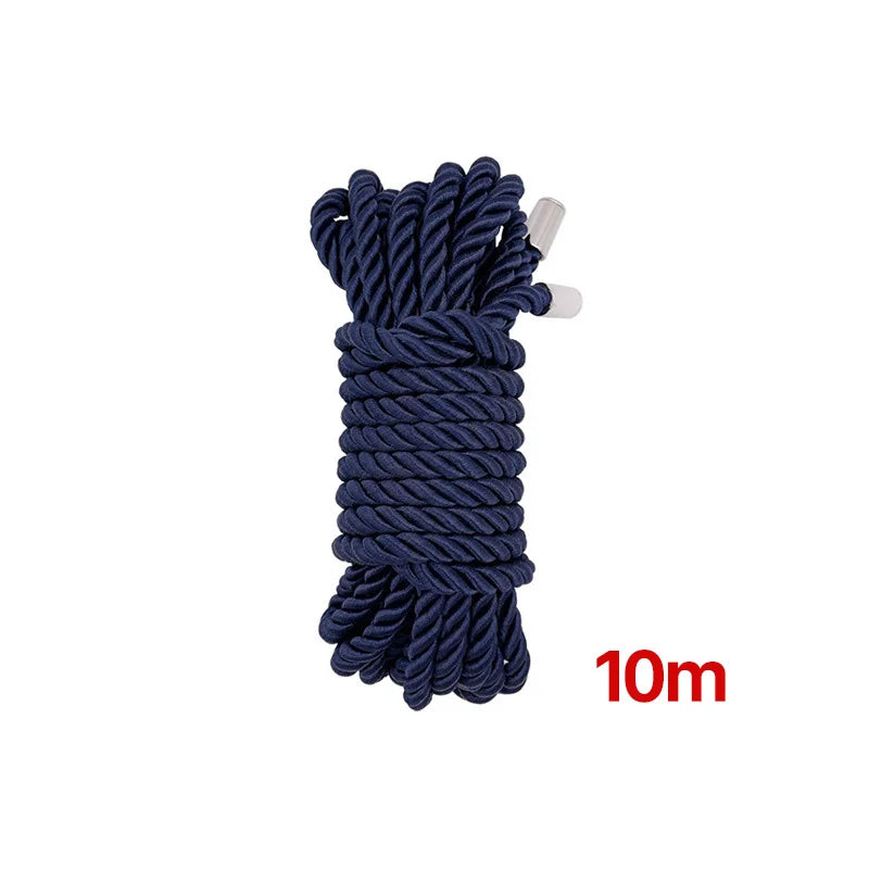 A bundle of dark blue soft silk bondage rope, 10 meters long.
