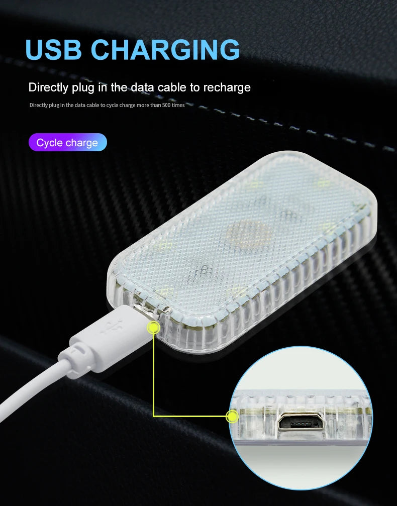 Un câble de charge USB blanc est branché sur un petit module lumineux rectangulaire pour recharger.