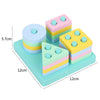 A set of colorful 3D wooden puzzles for toddlers featuring stacked, layered shapes in pastel colors.