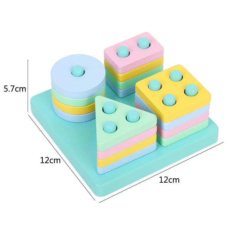 A set of colorful 3D wooden puzzles for toddlers featuring stacked, layered shapes in pastel colors.