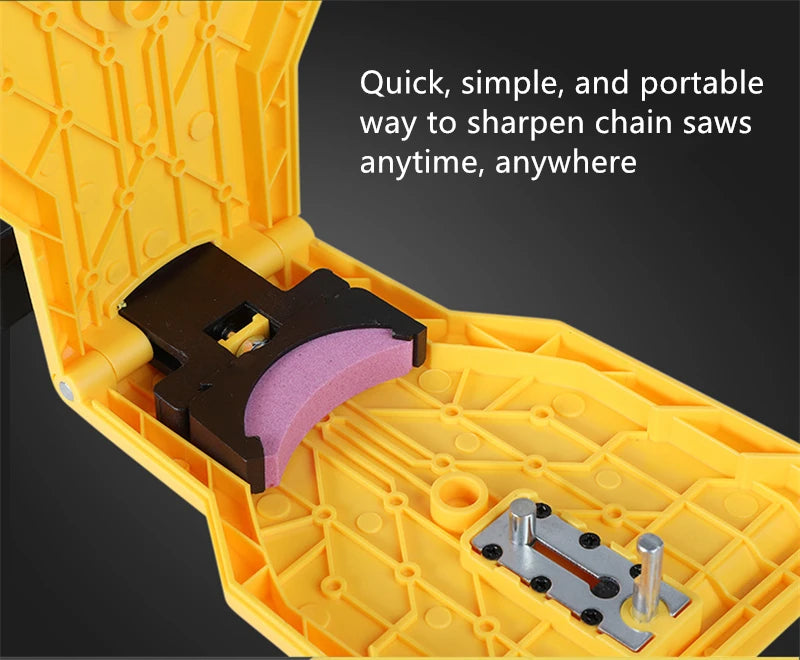 A portable yellow plastic device for sharpening chain saws, showing a black sharpening tool inside.
