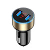 A black and gold dual USB fast car charger with a digital display showing 12.5 volts.