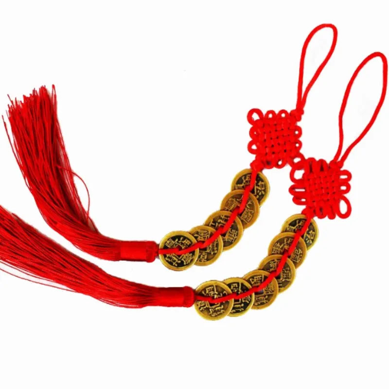Chinese Feng Shui wealth coins with red handmade knot and tassels
