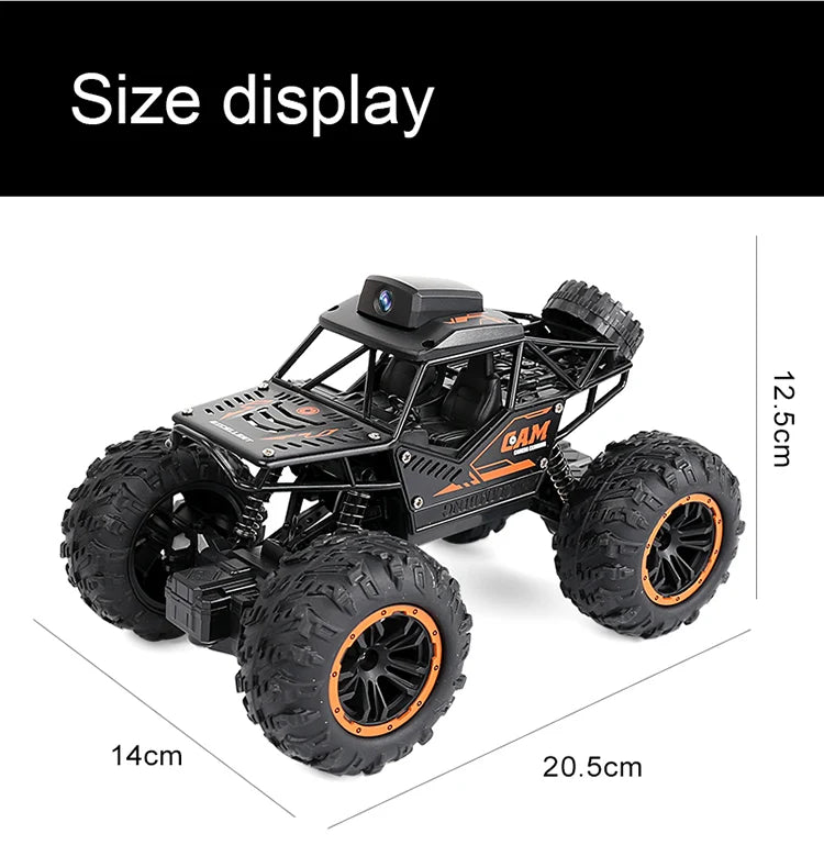 A black 1:18 RC off-road SUV with an HD FPV camera displayed on a white background.