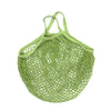 A pair of light green organic cotton mesh produce bags with handles, shown from above.