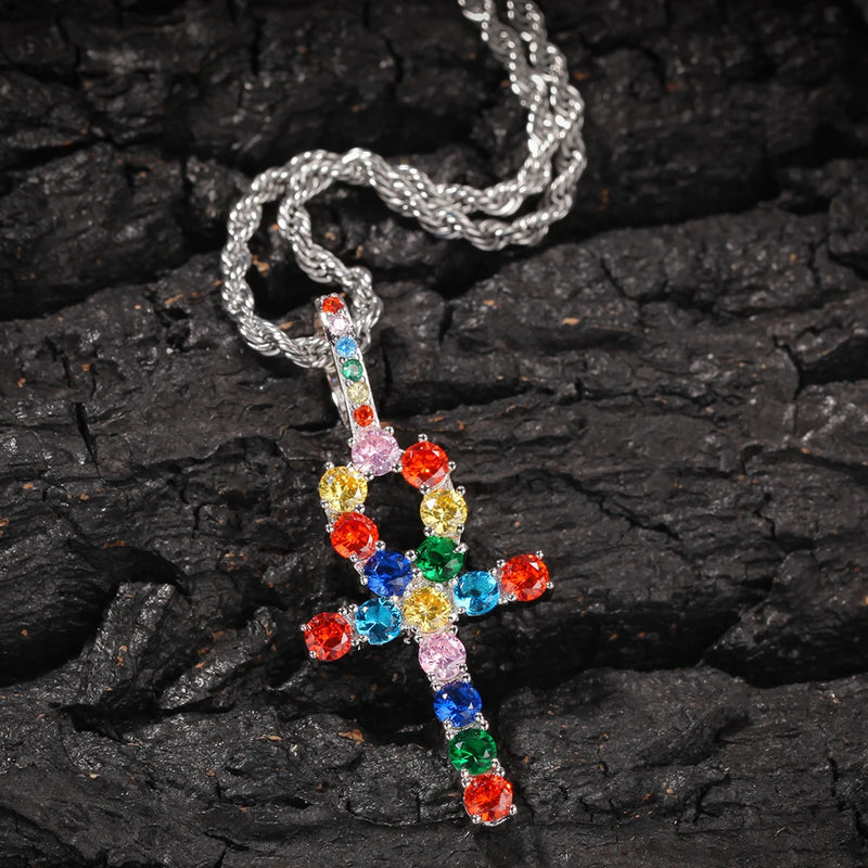 Rainbow Ankh Cross Pendant Necklace