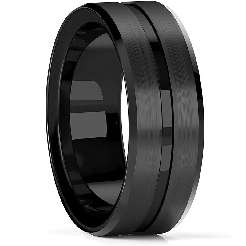 Men's Black Stainless Steel Wedding Band with Double Groove Detail