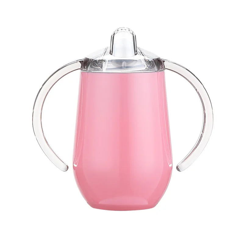 Tasse à biberon en acier inoxydable rose isolante avec couvercle et anse transparente.