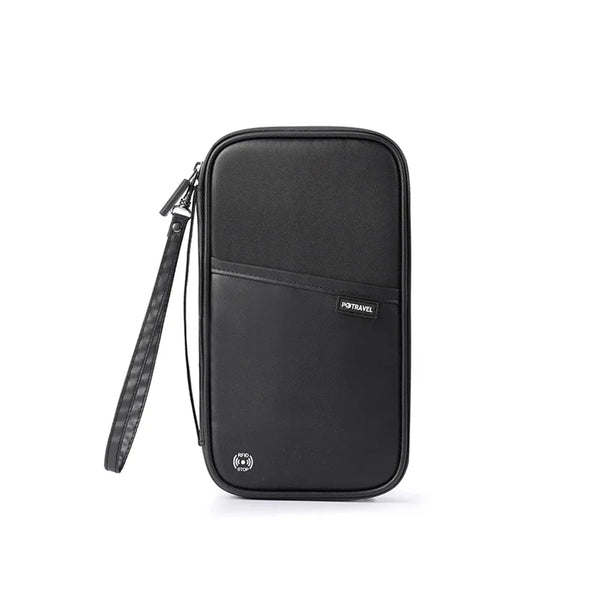 Porte-passeport de voyage noir à blocage RFID avec sangle amovible.