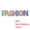 Iron-on patches spelling the word FASHION made of colorful sequins