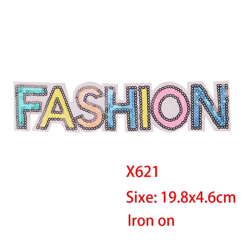 Iron-on patches spelling the word FASHION made of colorful sequins