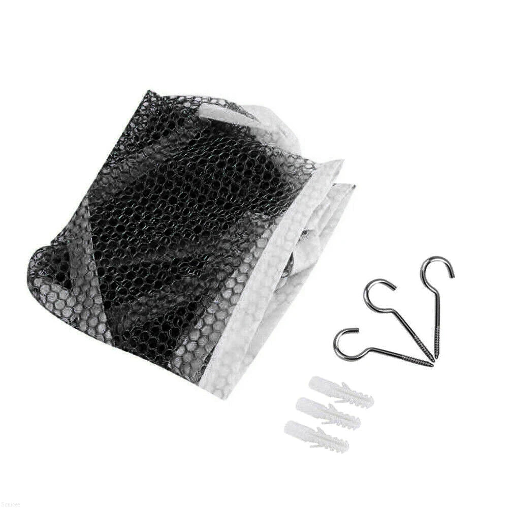 Black and white mesh toy storage hammock with metal hooks for children's rooms