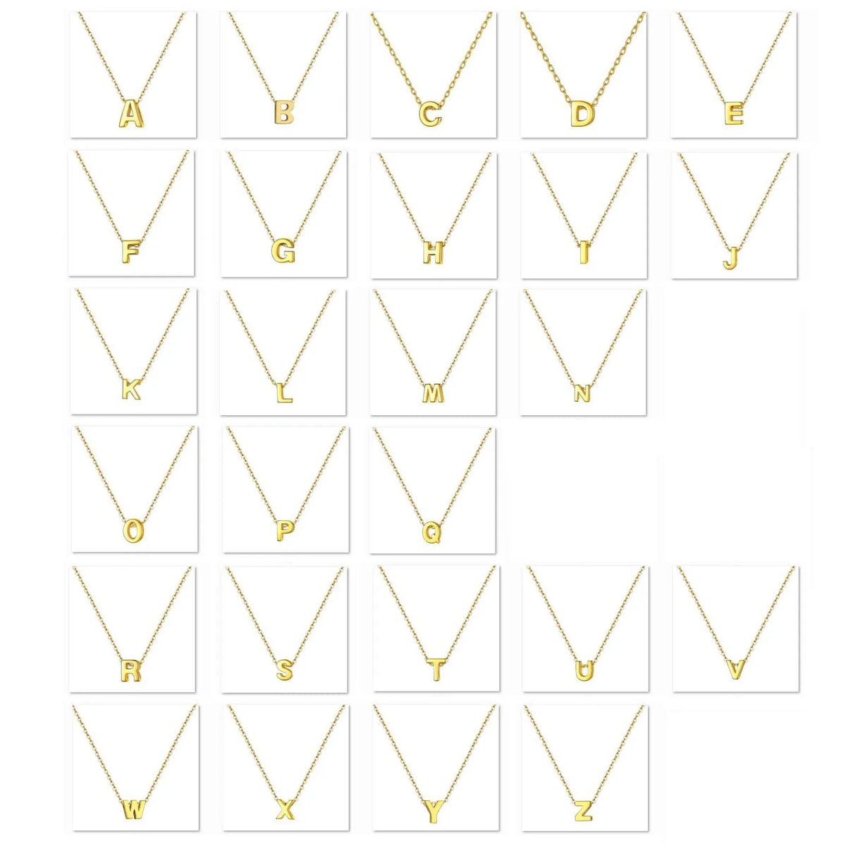 A grid of gold-colored necklaces displaying the letters A through Z as initials