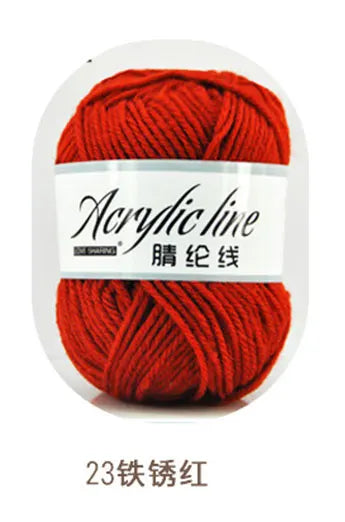 A ball of bright red acrylic yarn labeled Acrylic line and described as 23-stitch red thread.