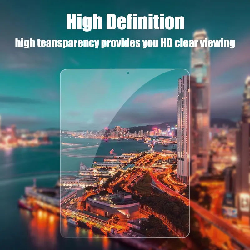 A high definition view of a city skyline and waterfront, demonstrating the clarity of a tempered glass screen protector.