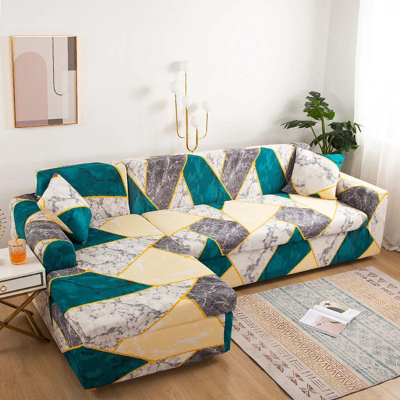 Printed L-Shape Sofa Cover with Elastic Edge