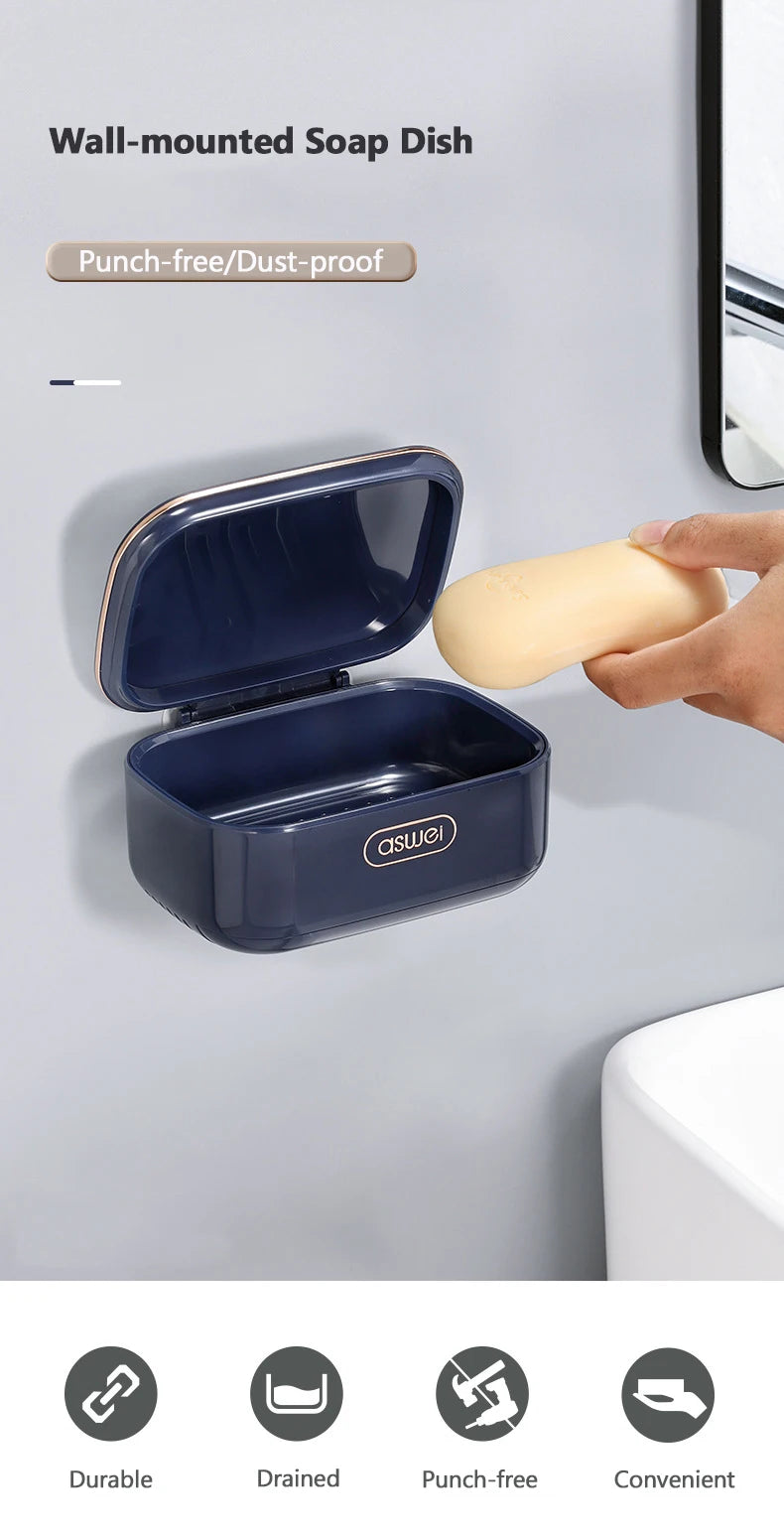 Wall-mounted soap dish with a hinged lid shown against a gray wall, highlighting its durable and convenient features.