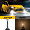 Yellow car with aftermarket LED fog lights shown next to halogen bulbs for comparison
